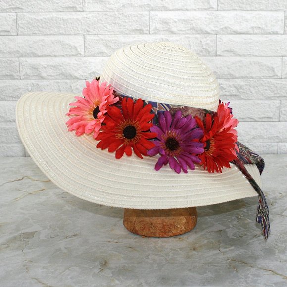 HAND CRAFTED Hat Upcycled Repurposed Silk Necktie Daisy White Derby Party Beach - Picture 1 of 11